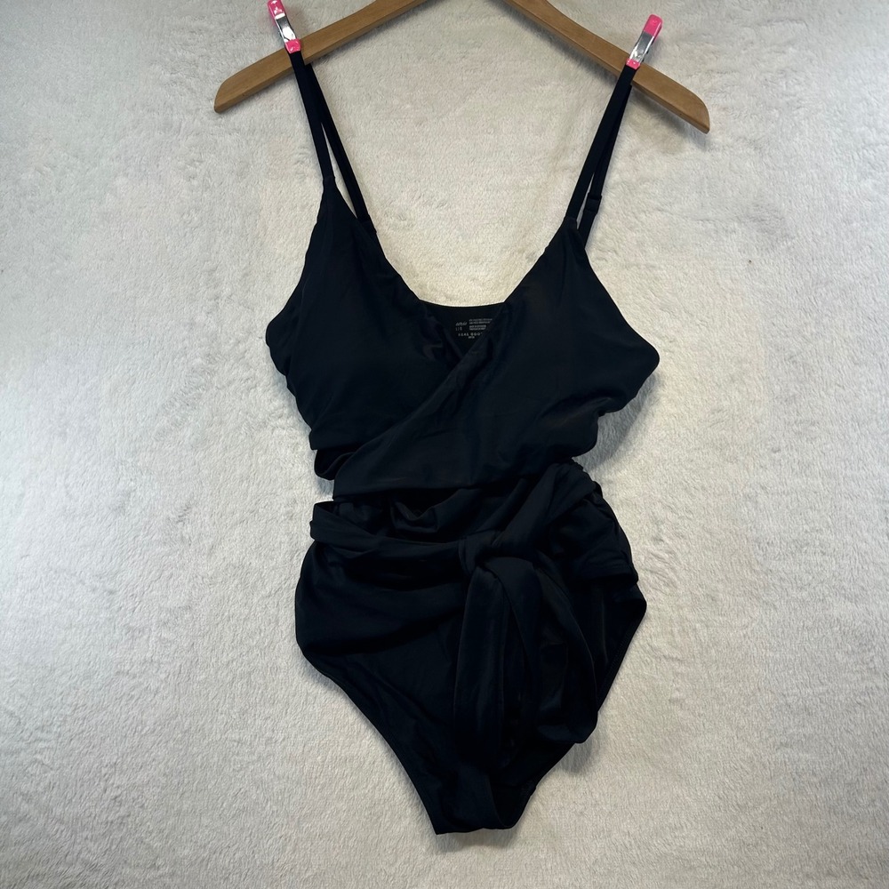 Aerie Minimalist Wrap Front Tie One Piece Swimsuit Large Black Resortwear UPF 50